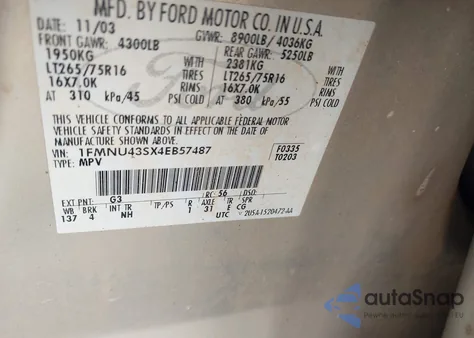 2004 Ford Excursion Limited from USA, damaged, VIN 1FMNU43SX4EB57487